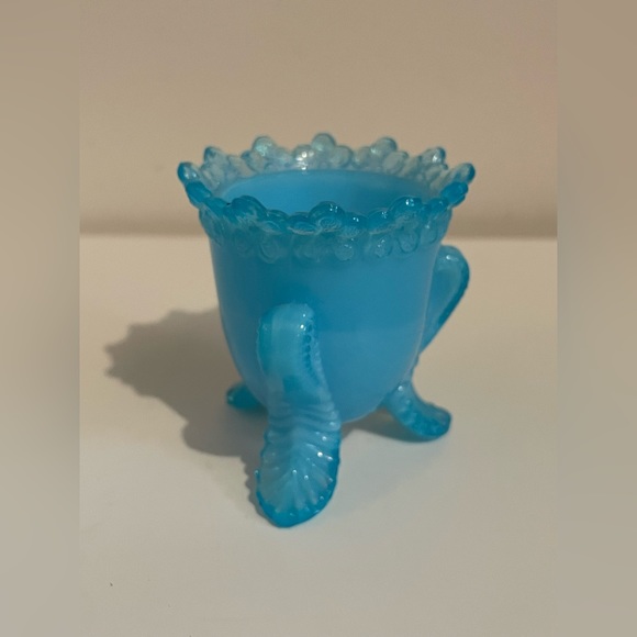 Victorian TOOTHPICK HOLDER VINTAGE BLUE OPALESCENT GLASS FLORAL HOLDER - Picture 6 of 9